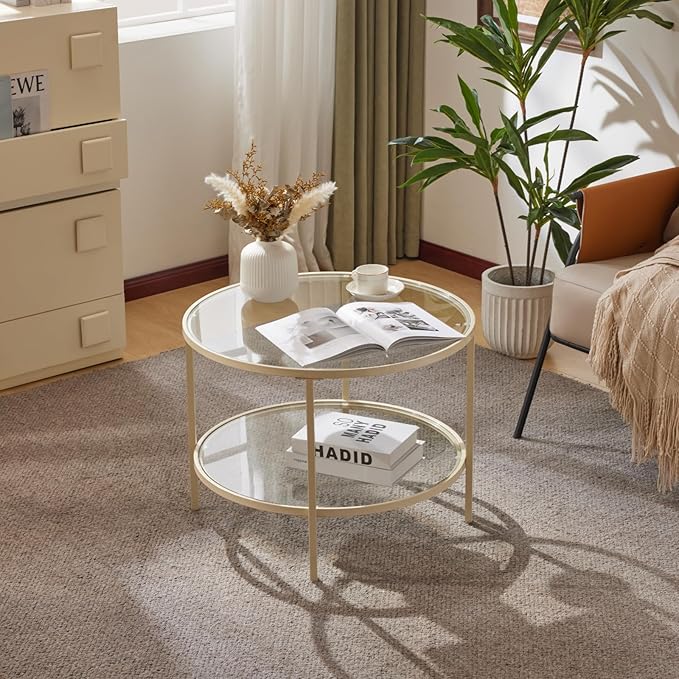 VINGLI Glass Coffee Table, 25.6" Round Coffee Table, Transparent Glass Coffee by VINGLI