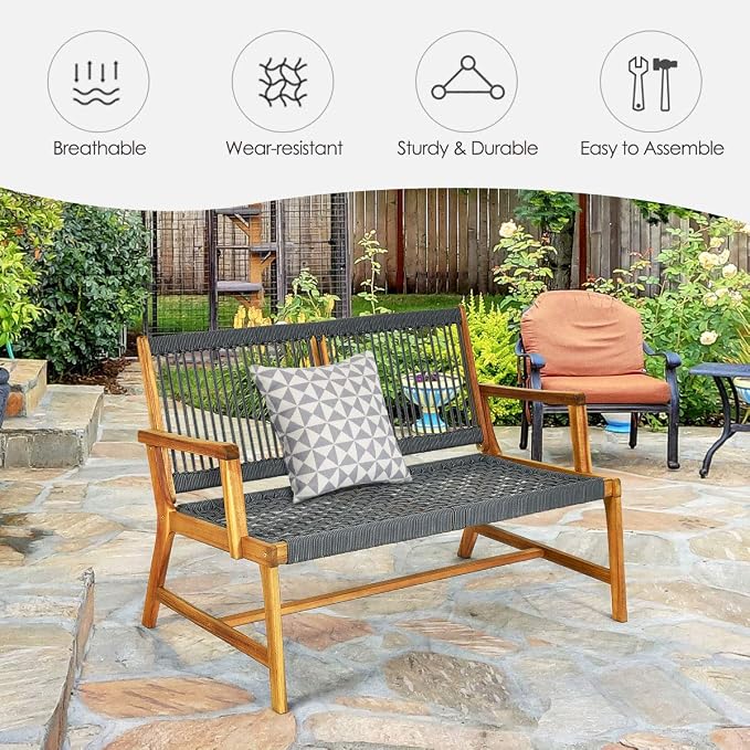 Tangkula 2-Person Patio Acacia Wood Bench Loveseat, Outdoor Patio Rope Bench in - Image 5