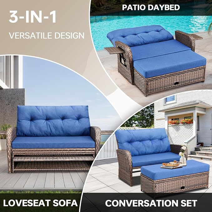 Patio Rattan Daybed, Wicker Recliner Loveseat - Image 4