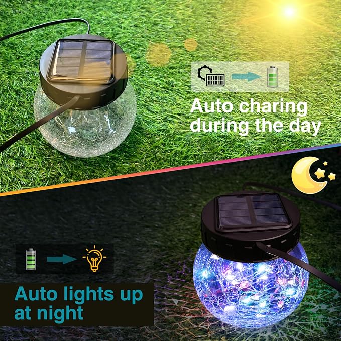 kolpop 2 Pack Solar Lantern Outdoor Lights, Crackle Glass Ball Waterproof - Image 3