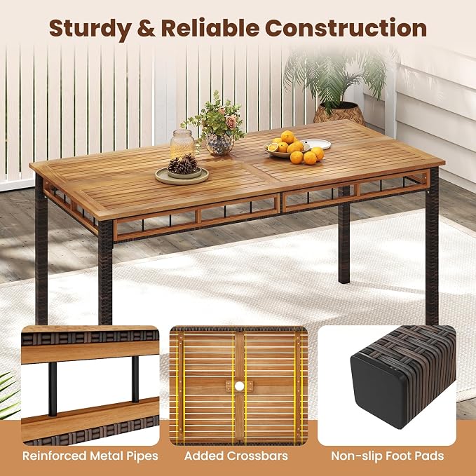 Tangkula 7 Pieces Wicker Patio Dining Set, Outdoor Acacia Wood Rectangular Table - Image 4