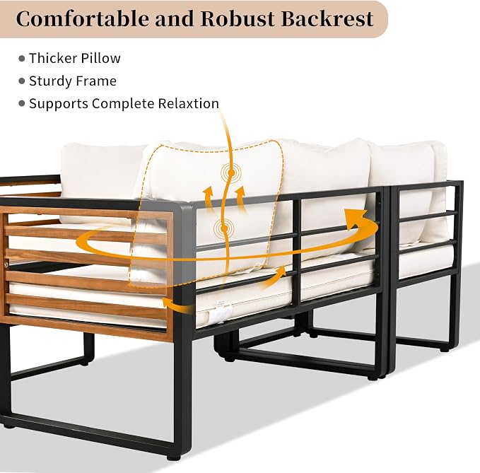 4 Pieces Outdoor Patio Conservation Set, Metal and Wood Frame Sectional - Image 7