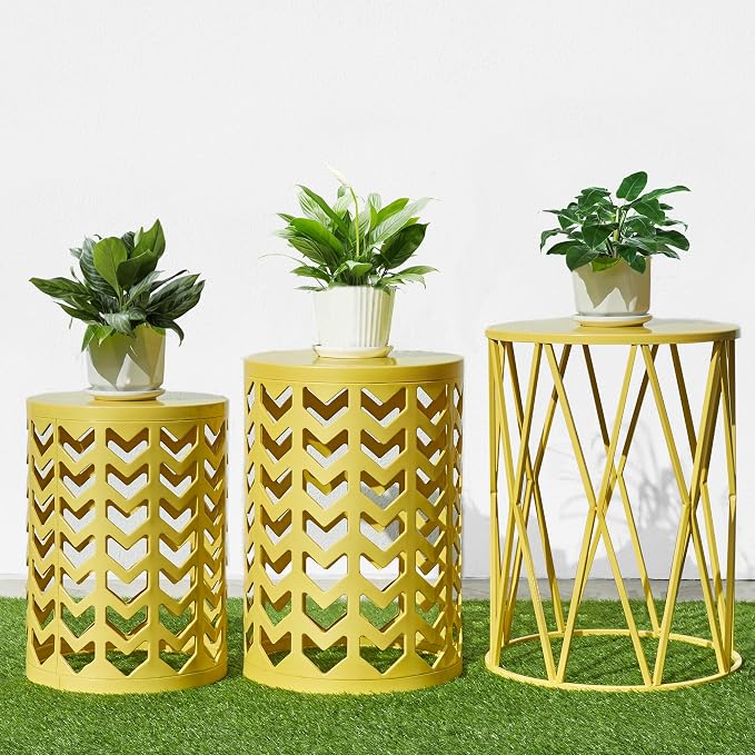 Nesting Side Table Set of 3 Decorative Round Garden Stools - Image 2