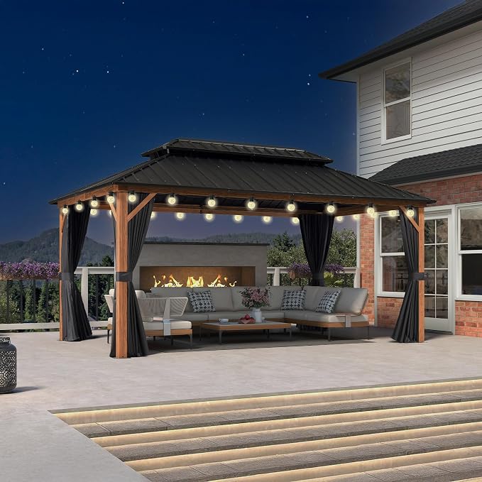PURPLE LEAF 10' X 16' Hardtop Gazebo Outdoor Wood Grain Aluminum Frame Heavy by PURPLELEAF