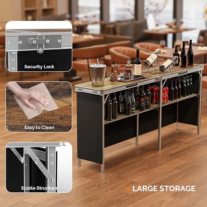 VINGLI 43" Portable Bar Table, 3-Tier Shelves, Carry Bag，Mobile Bar Table - Image 6