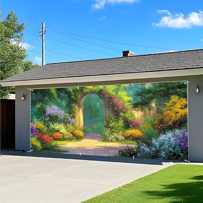 Spring Garden Archway Garage Door Banner 6x13FT, Colorful Flower Path Garage - Image 8