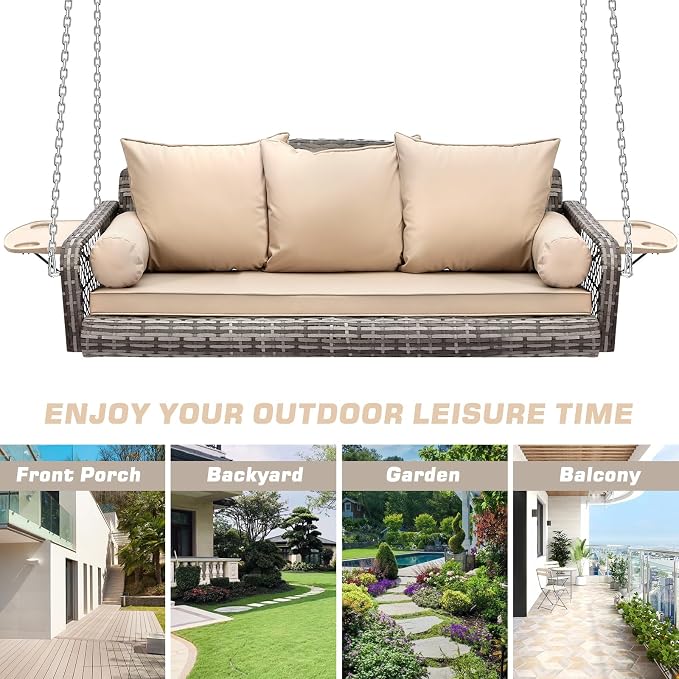 Grepatio 3 Person Porch Swing Patio Wicker Hanging Porch Swing Chair Outdoor - Image 6