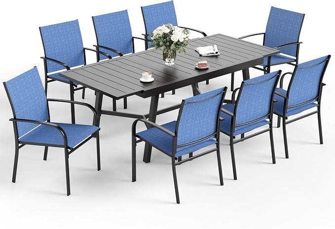 9 Piece Patio Dining Set for 8, Rectangular Extendable Dining Table, 8 Metal by SUNSHINEVALLEY