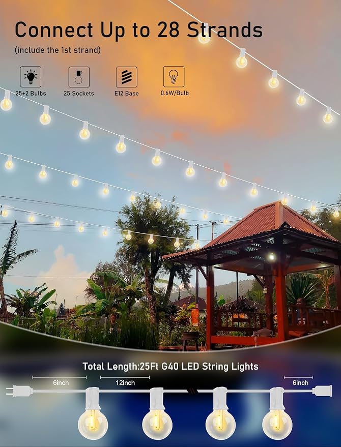 25Ft LED Outdoor String Lights, G40 Globe Patio String Lights Waterproof - Image 2