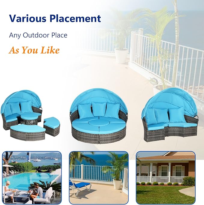Merax 5 Pieces Outdoor Patio Round Daybed Furniture, All-Weather Wicker - Image 4