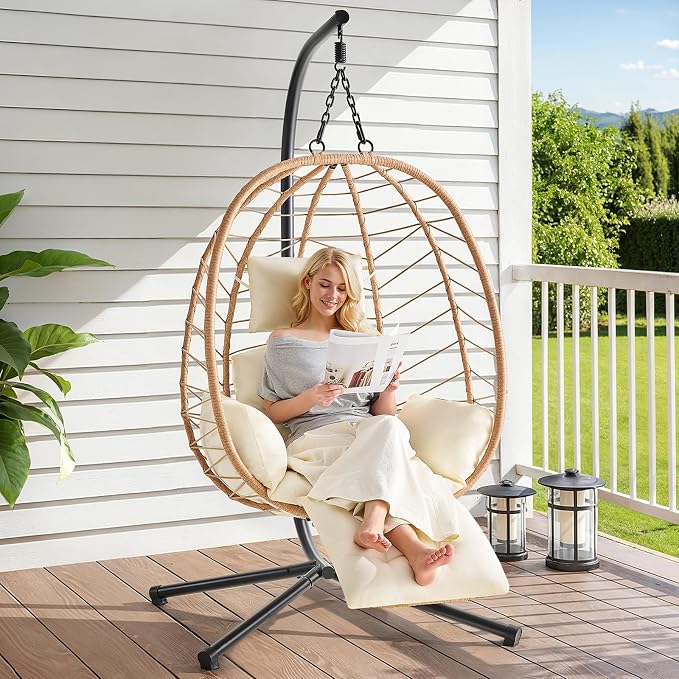 ONBRILL Hanging Egg Chair with Adjustable Footrest & Stand, Wicker Rattan Swing by ONBRILL