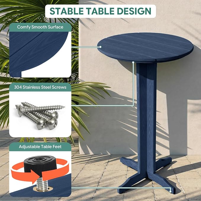 3-Piece Outdoor Bar Table Set, HDPE Patio Dining Set, 1 Round Bar Table & 2 Bar - Image 5