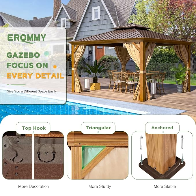 EROMMY 12' x 12' Gazebo, Wooden Finish Coated Aluminum Frame Canopy - Image 6