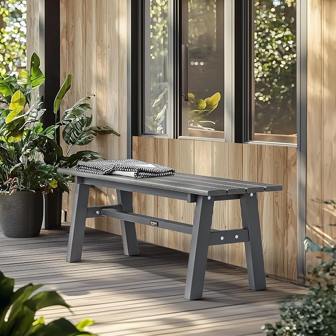 VINGLI 47” Outdoor Bench Garden Bench HDPE Porch Bench w/Metal Legs, Poly - Image 2
