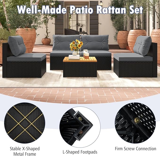 Tangkula 5 Piece Rattan Sofa Set, Outdoor Wicker Furniture Set w/Seat & Back - Image 7