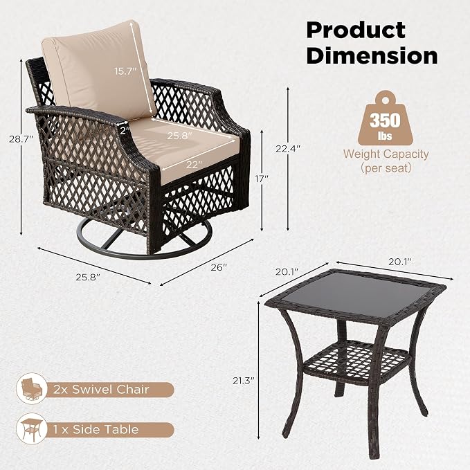 HOMREST 3 Piece Outdoor Swivel Chair Set, Wicker Patio Bistro Set - Image 5