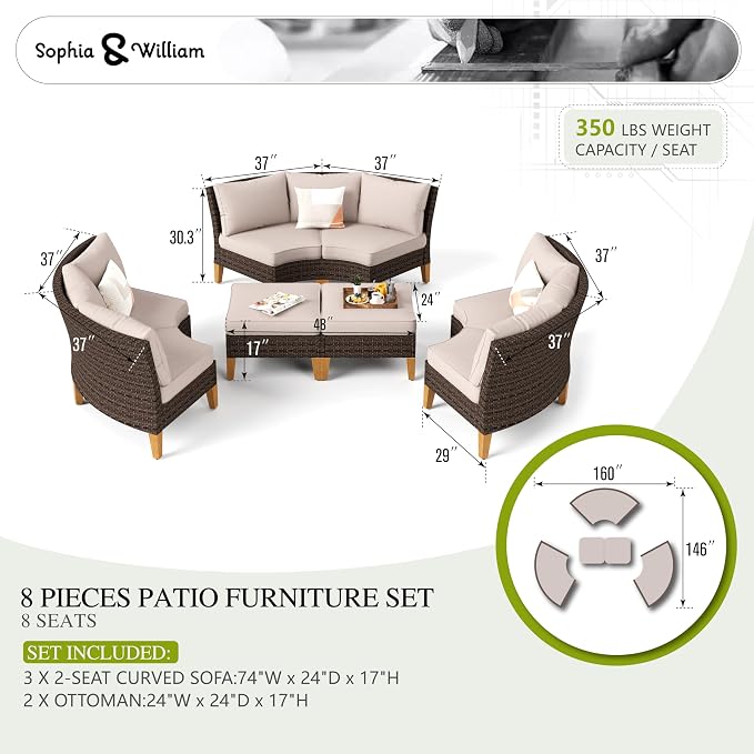Sophia & William Half-Moon Outdoor Patio Furniture Set 8 Piece Large & High - Image 6