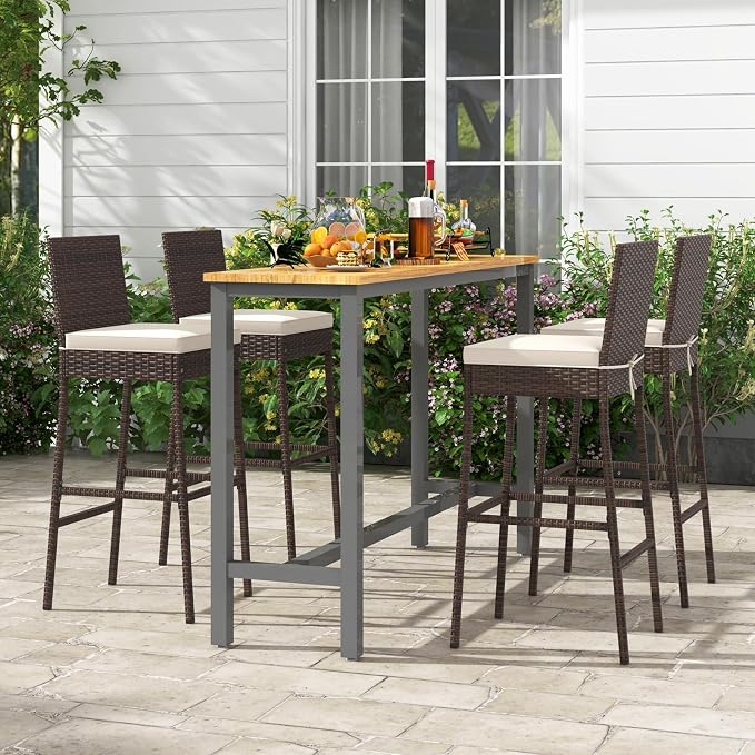 HAPPYGRILL Wicker Patio Barstools Set of 2, Outdoor Rattan Bar Chairs - Image 4