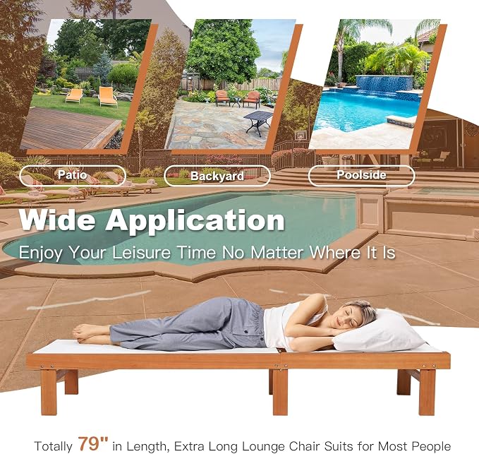COSTWAY Set of 2 Patio Wood Chaise Lounge Chair, Strong Eucalyptus Wood Frame - Image 6