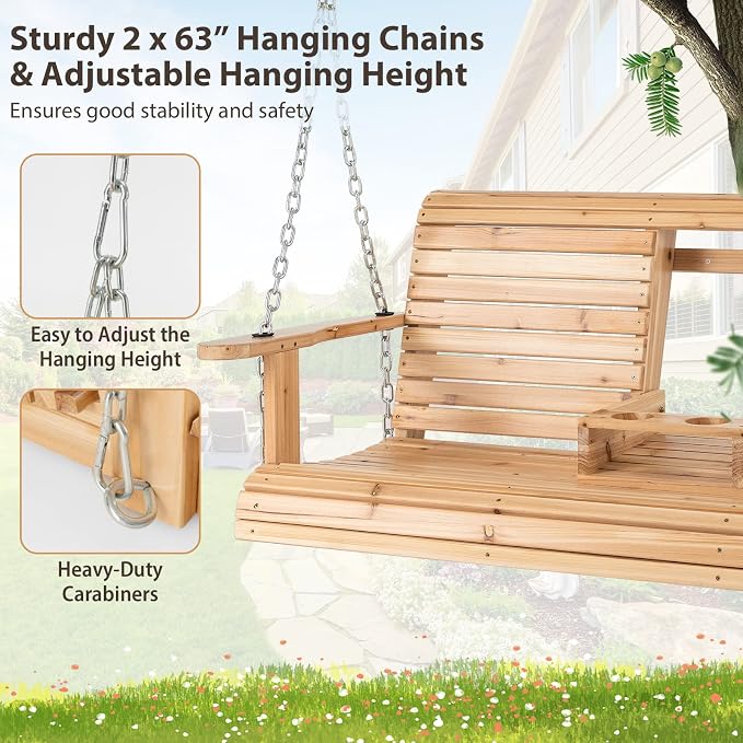Tangkula Porch Swing with Stand, Wood Hanging Patio Swing with 2 Cupholder & - Image 8