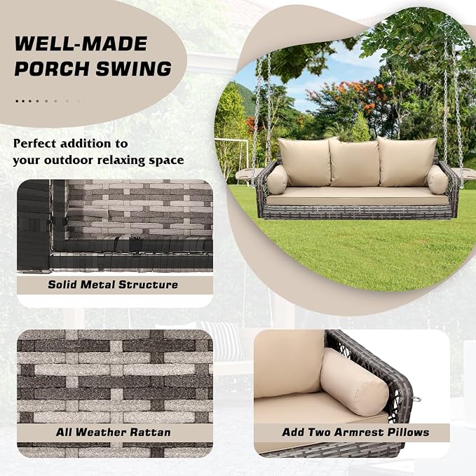 Grepatio 3 Person Porch Swing Patio Wicker Hanging Porch Swing Chair Outdoor - Image 2