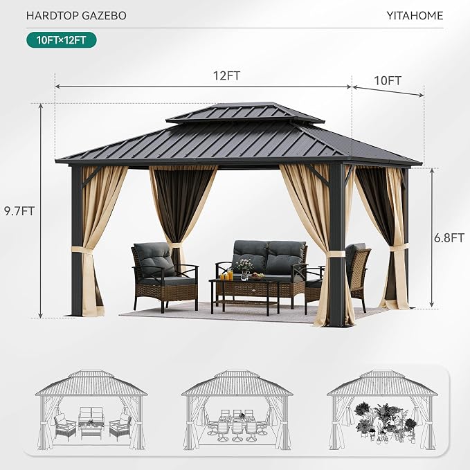 YITAHOME 10X12FT Hard Top Metal Gazebo Patios Double Roof Canopy Aluminum Frame - Image 8
