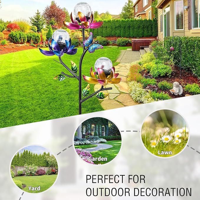 Solar Lights Outdoor Decorative Lotus Flowers Wind Spinner Garden Stake - Image 6