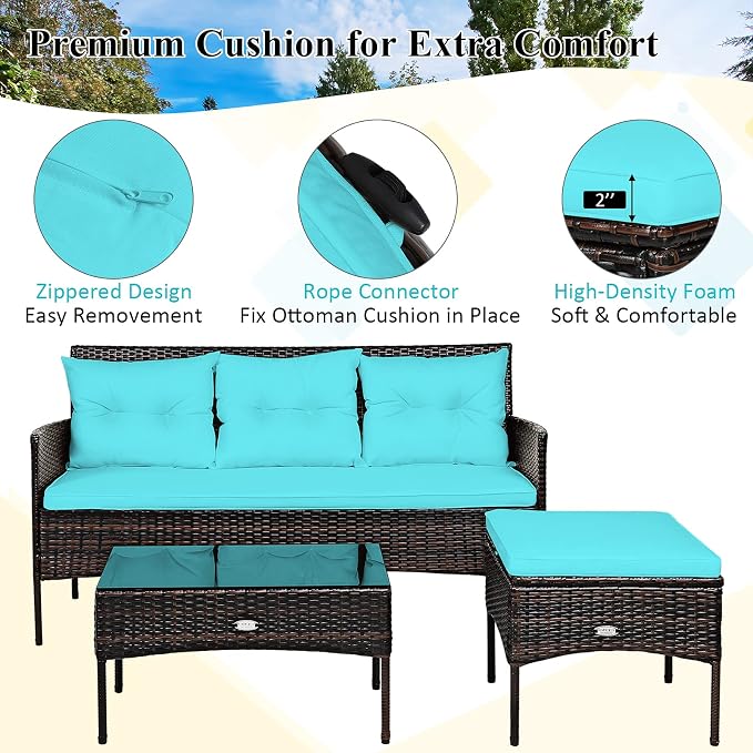 Tangkula 3 Pieces Patio Conversation Set, Outdoor PE Rattan Wicker Furniture - Image 9