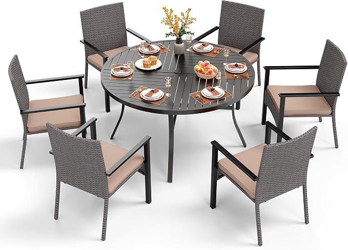 PHI VILLA 7 Pieces Patio Round Dining Set by PHIVILLAThepioneerofcomfortablehouseholdsupplies