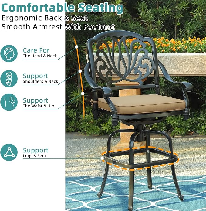 MEETWARM 2 Piece Outdoor Patio Swivel Bar Stools, All-Weather Cast Aluminum Bar - Image 4