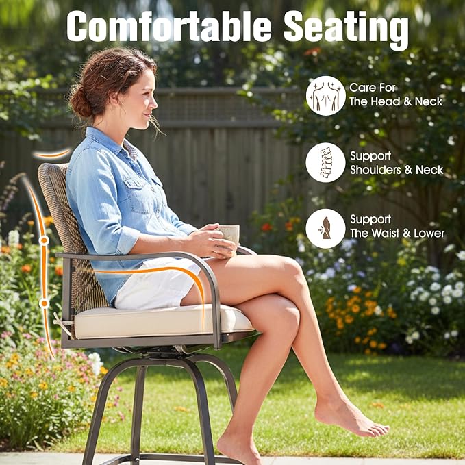 Outdoor Bar Stools Set of 2, 360° Swivel Metal Frame, Wicker Patio Bar Height - Image 7