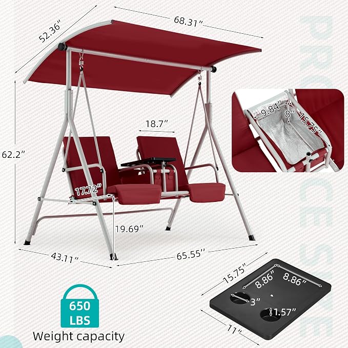HOMREST 2 Seat Outdoor Porch Swing, Patio Swing - Image 3