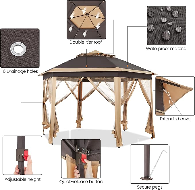 Yaheetech 13x13 Pop up Gazebo, Hexagonal Outdoor Canopy Shelter, Instant Patio - Image 4