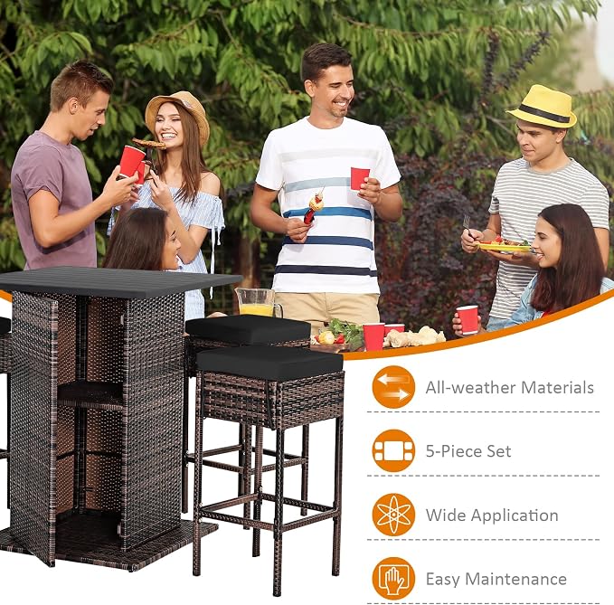 HAPPYGRILL 5 Pieces Rattan Bar Set, Outdoor Wicker Bar Table and 4 Bar Stools - Image 6
