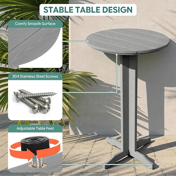 3-Piece Outdoor Bar Table Set, HDPE Patio Dining Set, 1 Round Bar Table & 2 Bar - Image 6