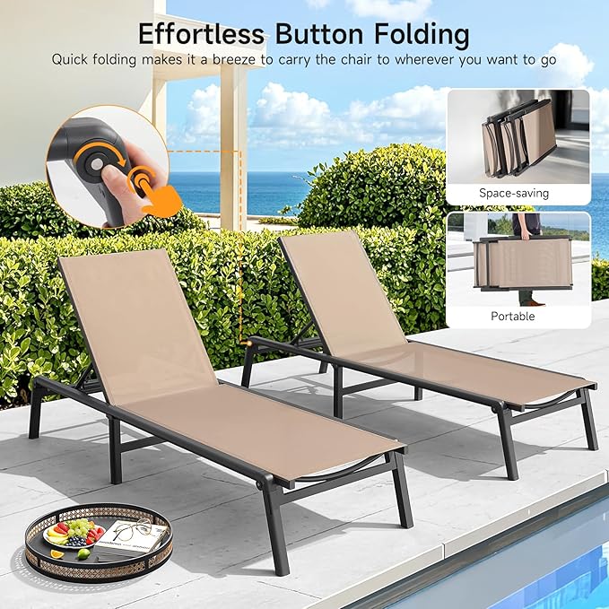 ONBRILL Aluminum Chaise Lounge Chair Outdoor, Foldable & Assembly Free Outdoor - Image 3