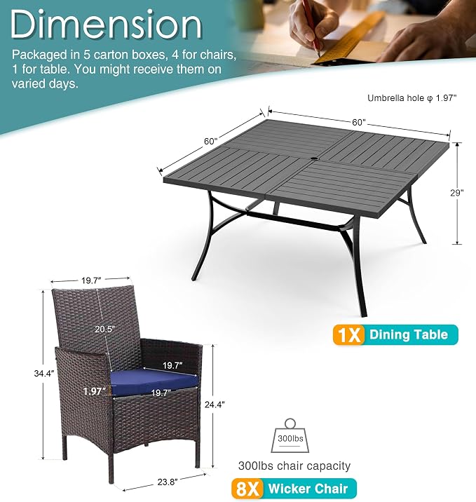 PHI VILLA 9 Pieces Square Outdoor Dining Set - Image 9