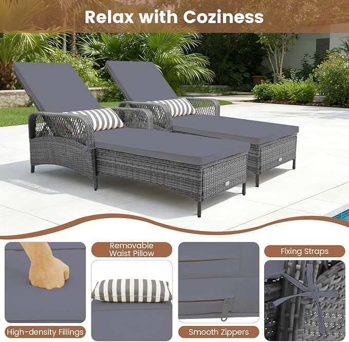 Tangkula Wicker Chaise Lounge Outdoor Set of 2, Patio Rattan Reclining Chaise - Image 7