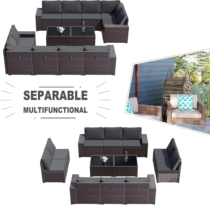 Kullavik 12 Pieces Outdoor Patio Furniture Set PE Wicker Rattan Sectional Sofa - Image 3