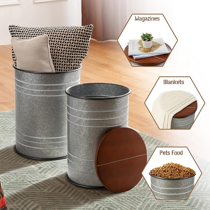 Glitzhome Rustic End Table Set of 2, Farmhouse Galvanized Metal Barrel Ottoman - Image 5