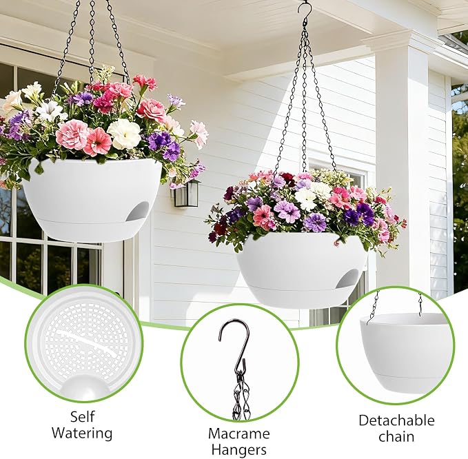 8 Inch Hanging Planters for Indoor Outdoor Plants, 4 Pack White Plastic Self - Image 3