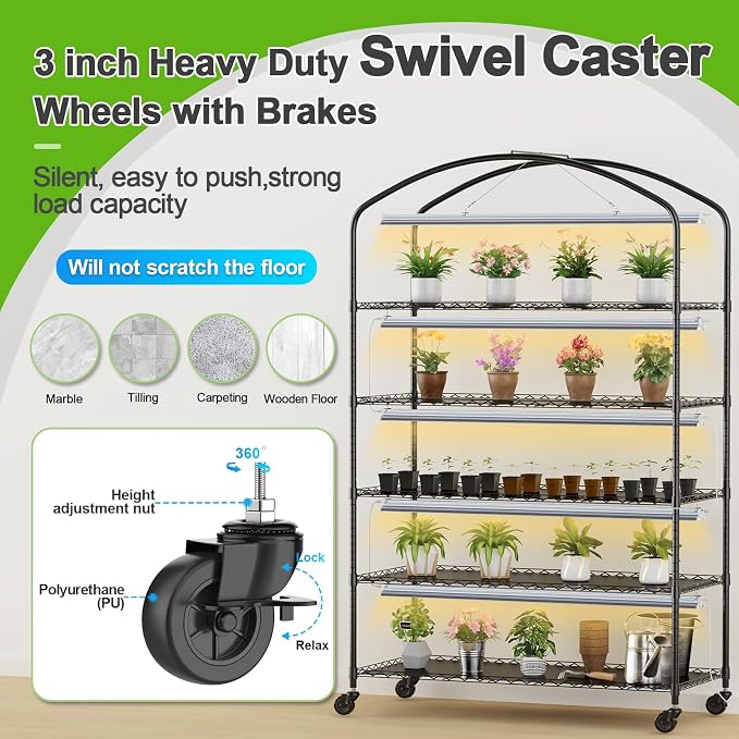 Abimars 5-Tier Greenhouse with Grow Light, Shelf Height Adjustable Metal Plant - Image 5