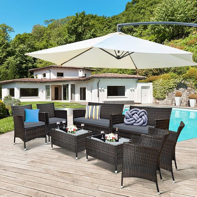 COSTWAY 8PCS Rattan Patio Furniture Set, Outdoor Wicker Rattan Chairs - Image 2