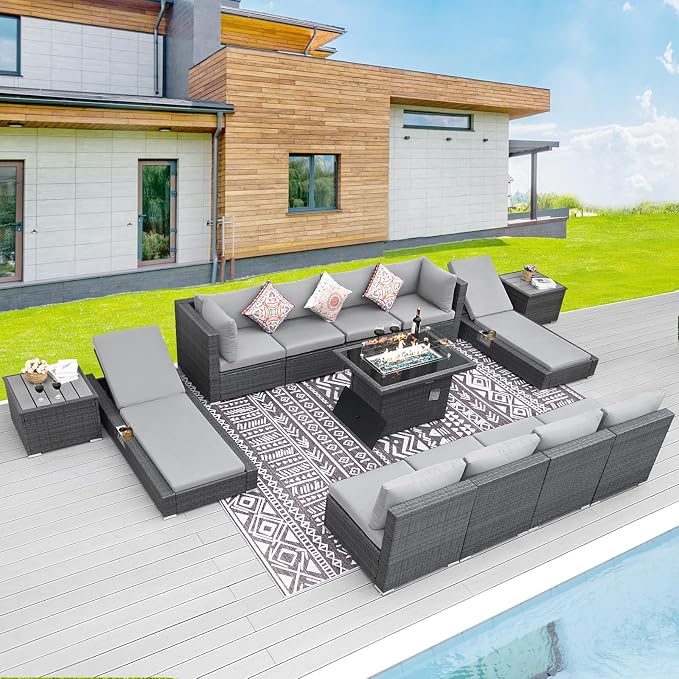 BULEXYARD 13 Piece Large High Back Grey Rattan Patio Furniture Set by BULEXYARDFURNITURE