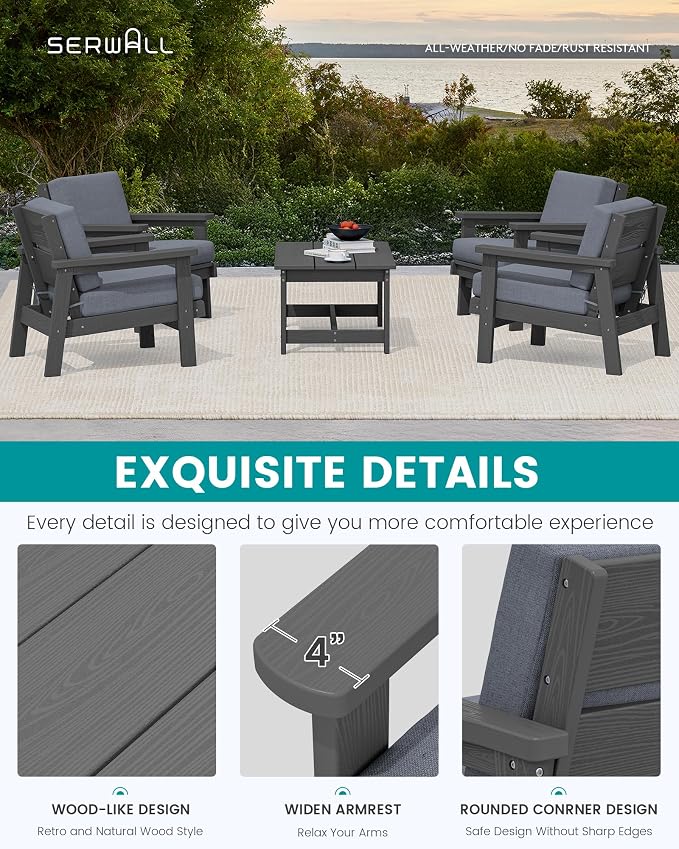 SERWALL Outdoor Patio Furniture Set, 5 Piece HDPE Patio Conversation Sets - Image 4