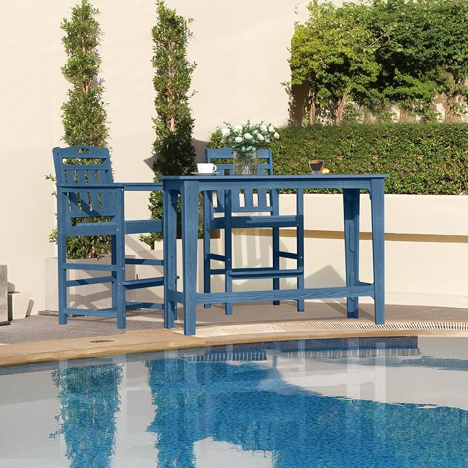 Outdoor Patio Bar Height Table and Tall Adirondack Chairs Set of 2, All-Weather - Image 8