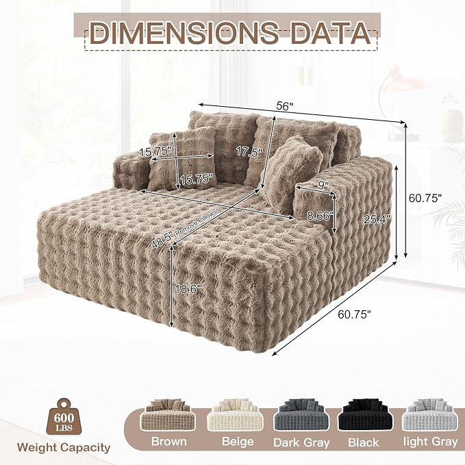 56" W Oversized Chaise Lounge Chair Indoor, Plush Faux Fur Sleeper Couch Sofa - Image 2