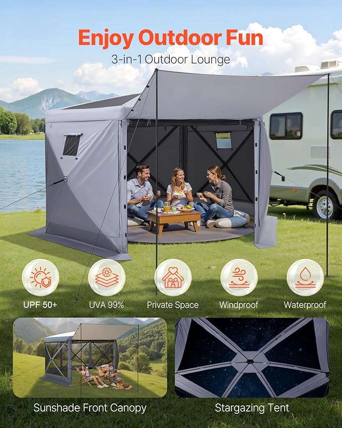 VEVOR Pop up Gazebo Screen Tent, 12 x 12 ft Large 6-Sided Camping Canopy Tent - Image 3