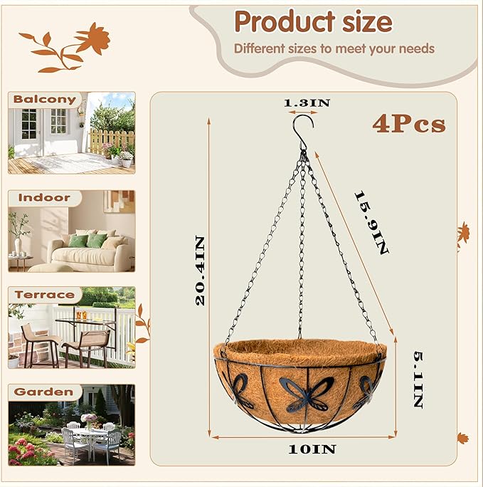 Metal 10 inch Round Planter, 4 Pack Hanging Wire Basket - Image 4