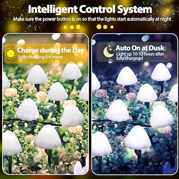 OZS 2PK 32LED 55FT Mushroom Solar Garden Lights Outdoor, Solar String Lights - Image 4